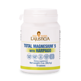 Benefits of Magnesio Total 5 with Harpago: Reduces fatigue, supports muscle relaxation, maintains joint health, and contributes to normal immune and neuromuscular function
