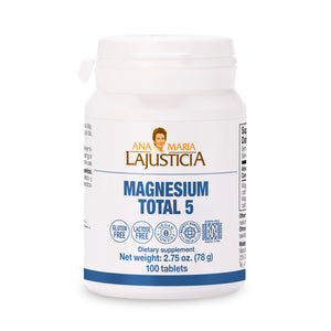 MAGNESIO TOTAL 5 — 100 tablets. A dietary supplement combining five sources of magnesium (including magnesium citrate and bis­glycinate) to help reduce fatigue, support nervous and musculoskeletal function, and promote muscle relaxation.