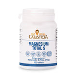MAGNESIO TOTAL 5 — 100 tablets. A dietary supplement combining five sources of magnesium (including magnesium citrate and bis­glycinate) to help reduce fatigue, support nervous and musculoskeletal function, and promote muscle relaxation.
