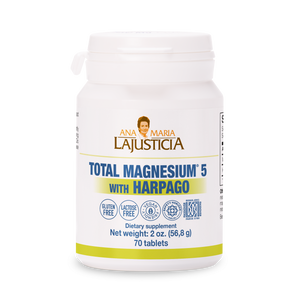 Benefits of Magnesio Total 5 with Harpago: Reduces fatigue, supports muscle relaxation, maintains joint health, and contributes to normal immune and neuromuscular function