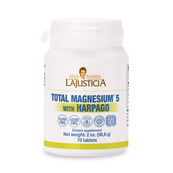 Benefits of Magnesio Total 5 with Harpago: Reduces fatigue, supports muscle relaxation, maintains joint health, and contributes to normal immune and neuromuscular function