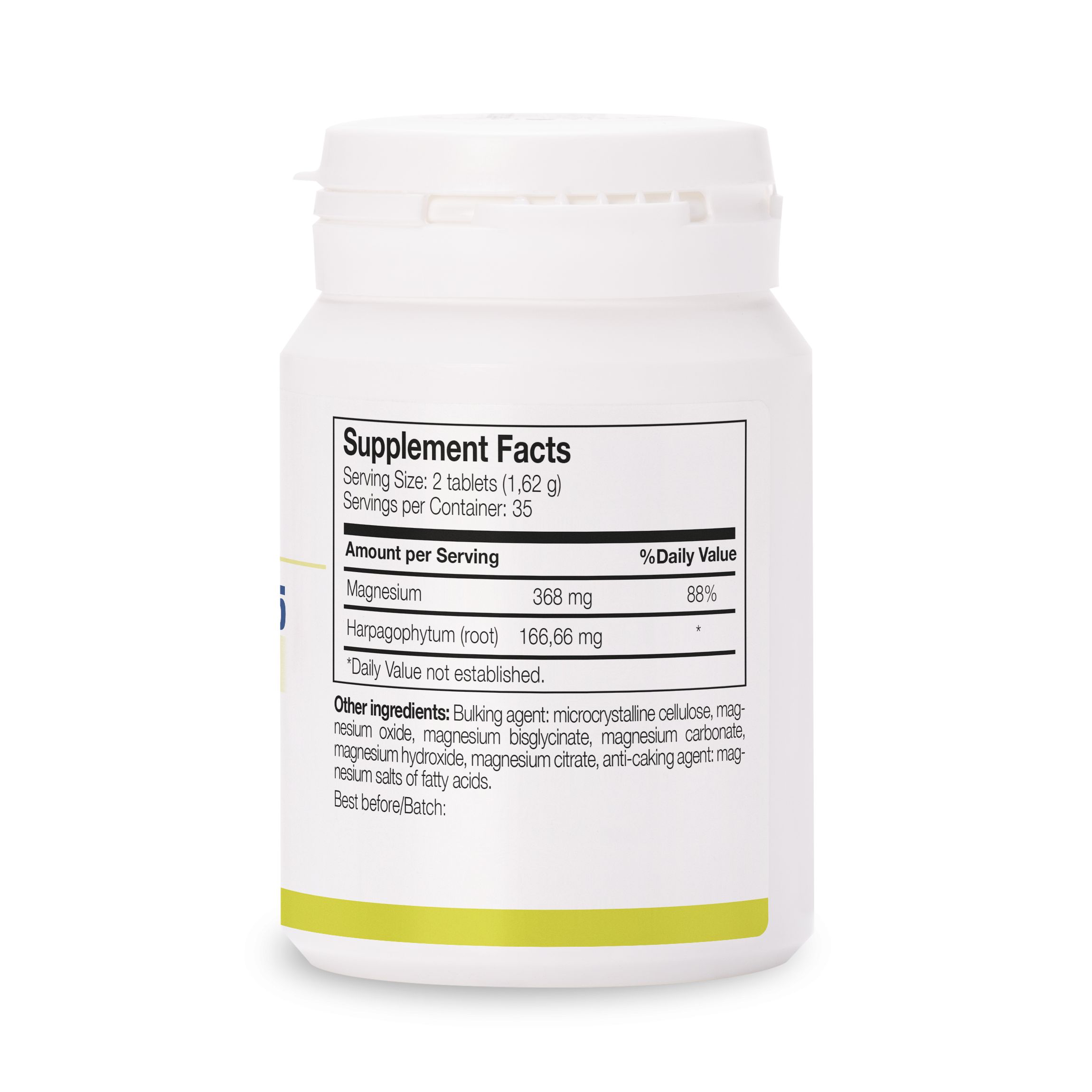 Ingredients of Magnesio Total 5 with Harpago: magnesium oxide, bisglycinate, citric acid salts, and Harpagophytum procumbens extract. Supports muscle relaxation and joint mobility.