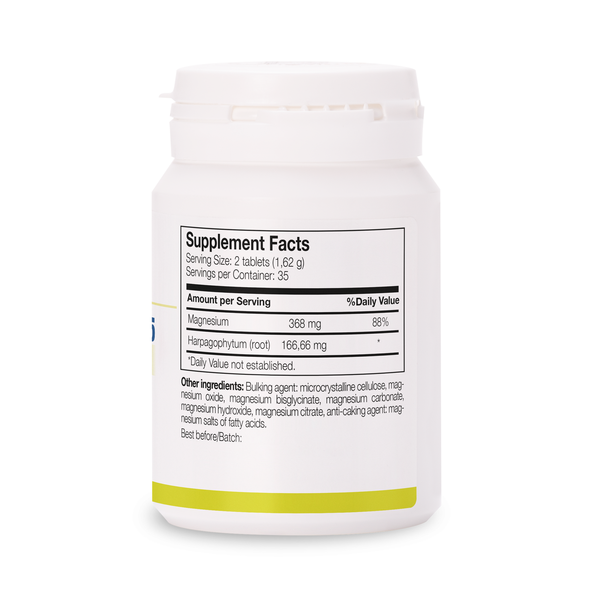 Ingredients of Magnesio Total 5 with Harpago: magnesium oxide, bisglycinate, citric acid salts, and Harpagophytum procumbens extract. Supports muscle relaxation and joint mobility.